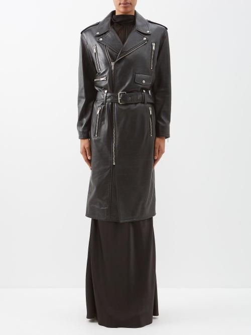 Saint Laurent - Belted Longline Leather Biker Jacket - Womens - Black