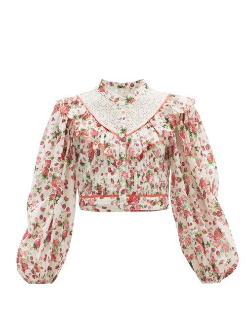 Matchesfashion.com Loveshackfancy - Egan Balloon-sleeve Floral-print Cotton Top - Womens - White Print