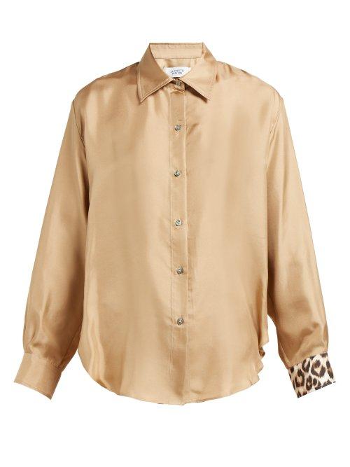 Matchesfashion.com La Prestic Ouiston - Leopard Cuff Silk Twill Shirt - Womens - Light Brown
