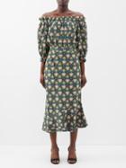 Saloni - Grace Off-the-shoulder Printed-silk Midi Dress - Womens - Green Multi
