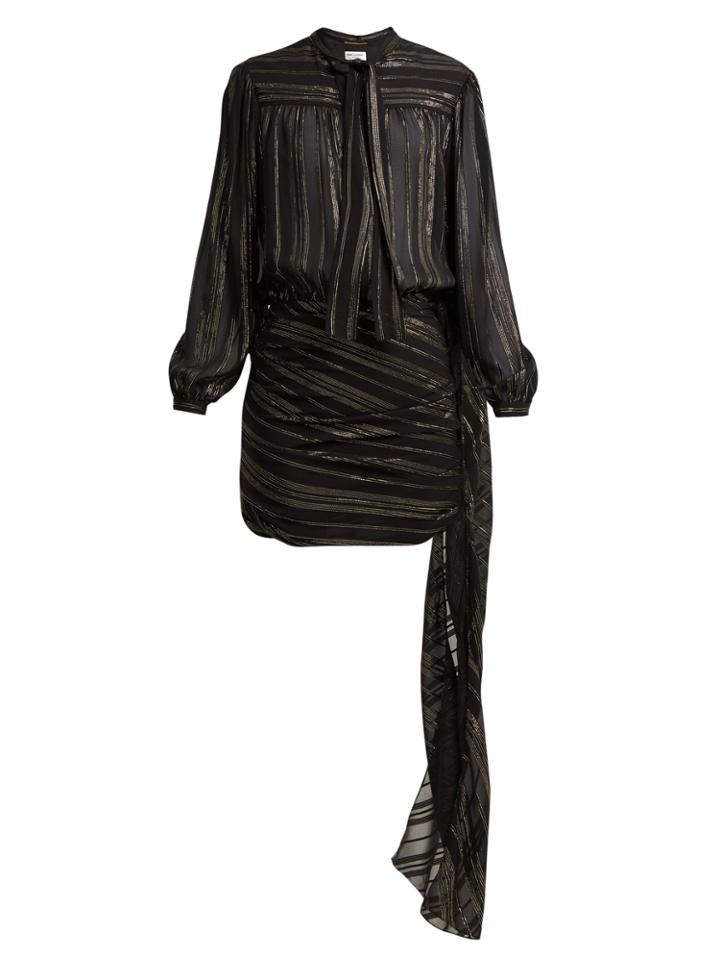 Saint Laurent Striped Tie-neck Silk-blend Mini Dress
