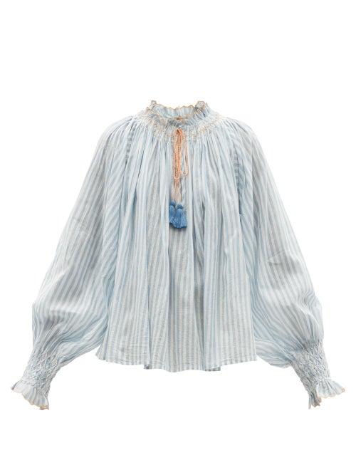 Ladies Beachwear Thierry Colson - Vladia Smocked Cotton-voile Blouse - Womens - Blue White