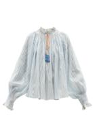 Ladies Beachwear Thierry Colson - Vladia Smocked Cotton-voile Blouse - Womens - Blue White