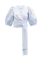 Three Graces London - Imelda Wrap-waist Cotton-poplin Top - Womens - Light Blue