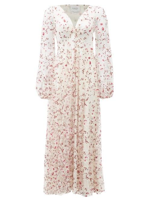 Matchesfashion.com Giambattista Valli - Floral-embroidered Tulle Midi Dress - Womens - Ivory