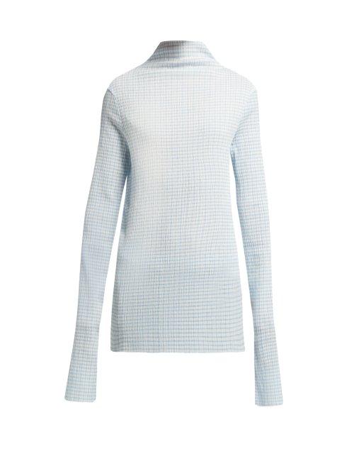 Matchesfashion.com Jil Sander - Gingham High Neck Stretch Seersucker Top - Womens - Blue White