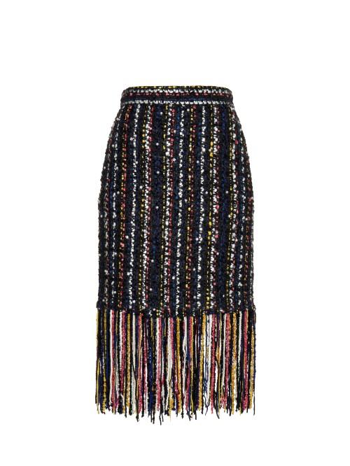 Msgm Pearl-embellished Fringed-tweed Skirt