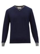 Matchesfashion.com Brunello Cucinelli - Contrast Edge V Neck Cashmere & Silk Sweater - Mens - Blue