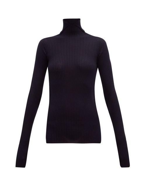 Matchesfashion.com Jil Sander - Slit Roll Neck Ribbed Cashmere Blend Sweater - Womens - Dark Navy