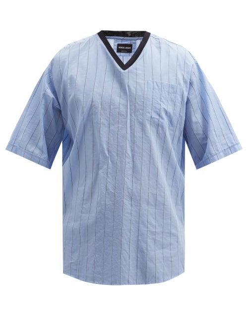 Matchesfashion.com Giorgio Armani - Striped Oversized Cotton-blend T-shirt - Mens - Light Blue