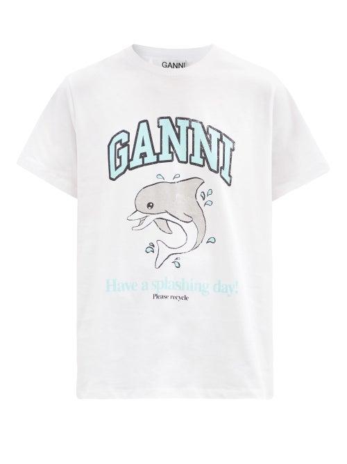 Matchesfashion.com Ganni - Dolphin-print Organic Cotton-jersey T-shirt - Womens - White Multi