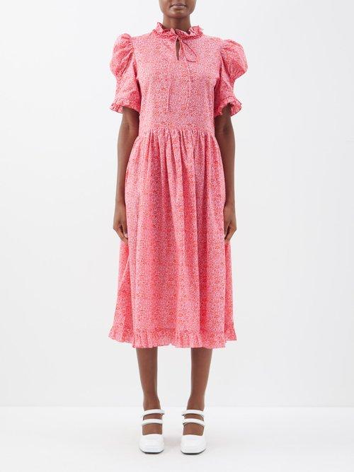 Horror Vacui - Leandra Floral-print Cotton-poplin Midi Dress - Womens - Pink Red