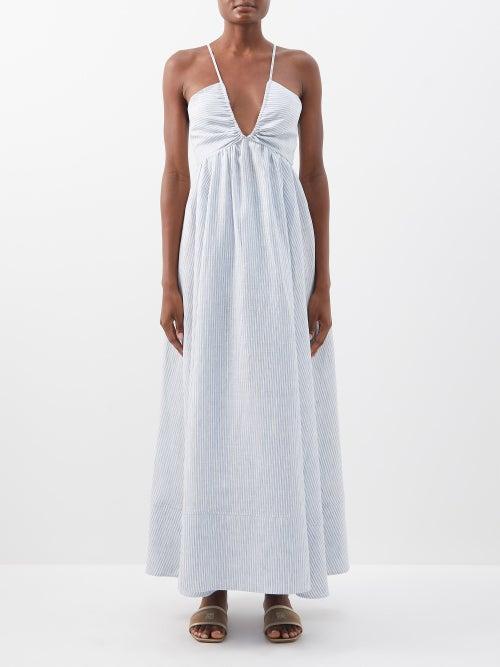 Another Tomorrow - Striped Organic-linen Halter Neck Dress - Womens - Blue Stripe