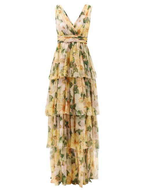 Matchesfashion.com Dolce & Gabbana - Tiered Camellia-print Silk-chiffon Gown - Womens - Yellow Multi