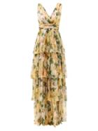 Matchesfashion.com Dolce & Gabbana - Tiered Camellia-print Silk-chiffon Gown - Womens - Yellow Multi
