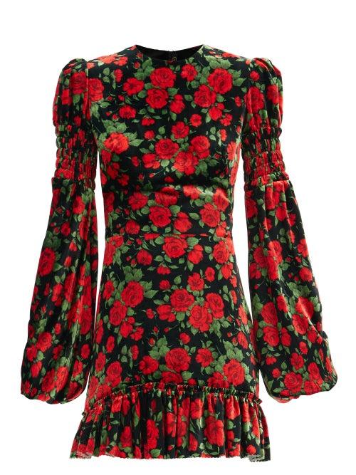 Matchesfashion.com The Vampire's Wife - The Runaway Rose-print Velvet Mini Dress - Womens - Black Red