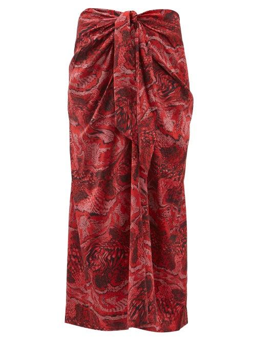 Matchesfashion.com Ganni - Snake Print Silk Blend Satin Midi Skirt - Womens - Red Multi