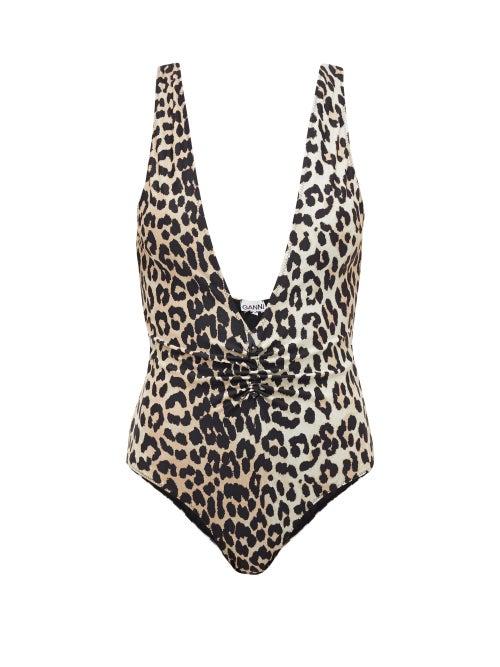 Matchesfashion.com Ganni - Plunge-neck Swimsuit Leopard-print Swimsuit - Womens - Leopard