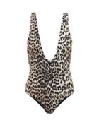 Matchesfashion.com Ganni - Plunge-neck Swimsuit Leopard-print Swimsuit - Womens - Leopard