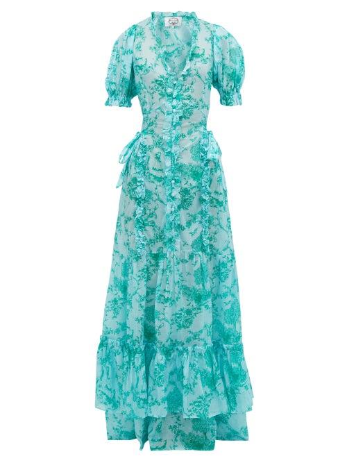Matchesfashion.com Evi Grintela - Tuberose Ruffled Cotton-voile Dress - Womens - Blue Print