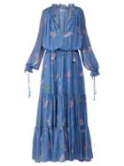 Matchesfashion.com Altuzarra - Currie Bird Print Tiered Chiffon Gown - Womens - Light Blue
