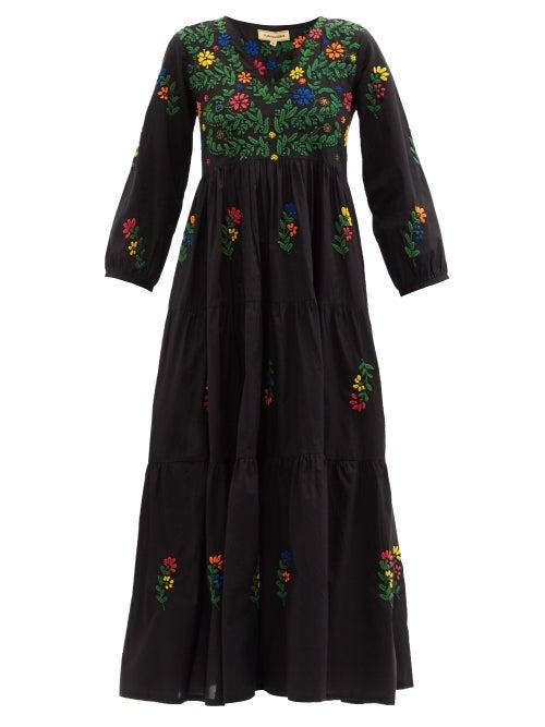 Matchesfashion.com Muzungu Sisters - Frangipani Floral-embroidered Organic-cotton Dress - Womens - Black