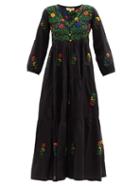 Matchesfashion.com Muzungu Sisters - Frangipani Floral-embroidered Organic-cotton Dress - Womens - Black