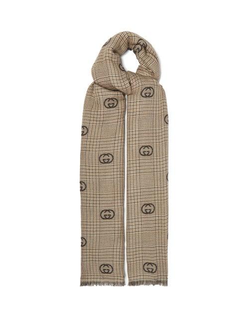 Gucci - Gg-embroidered Checked Scarf - Mens - Beige