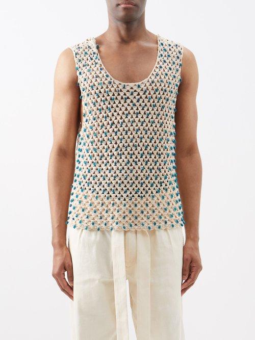 Bode - Beaded Crochet Cotton Tank Top - Mens - Cream