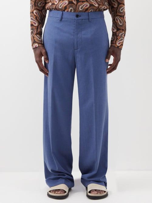 Etro - Flat-front Lyocell-blend Twill Wide-leg Trousers - Mens - Blue