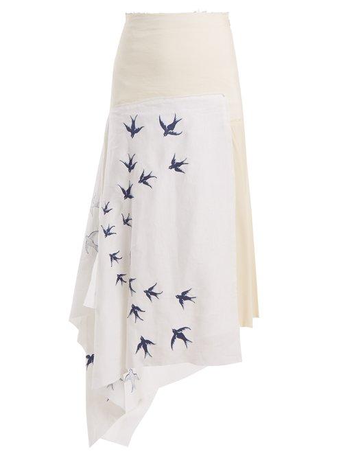 Matchesfashion.com Jw Anderson - Swallow Embroidered Contrast Panel Linen Skirt - Womens - Cream