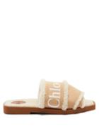 Chlo - Woody Logo-print Shearling-lined Canvas Slides - Womens - Beige