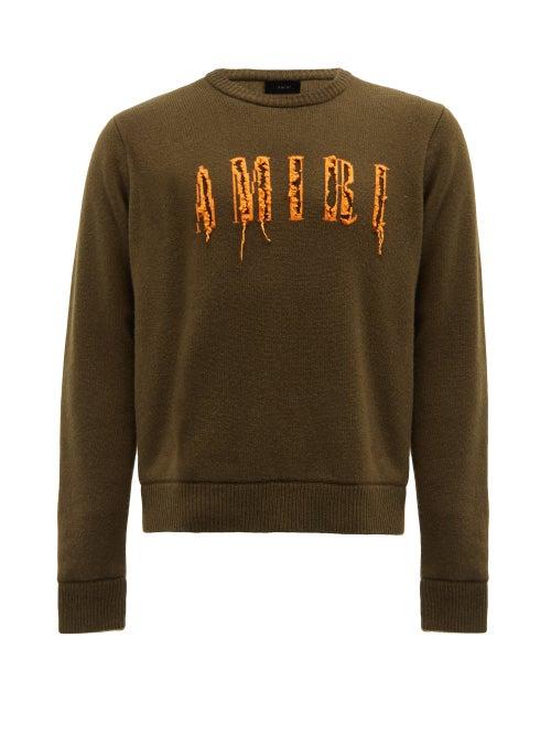 Amiri - Distressed Logo-jacquard Sweater - Mens - Khaki