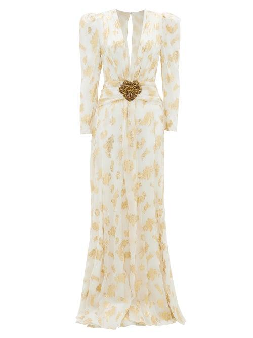 Matchesfashion.com Dundas - Plunge-neckline Leaf-jacquard Silk-crepe Gown - Womens - White