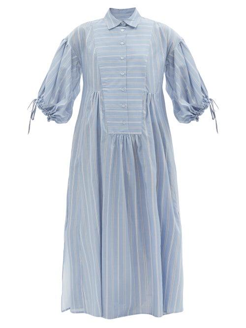 Ladies Beachwear Evi Grintela - Balloon-sleeve Striped Cotton Shirt Dress - Womens - Light Blue