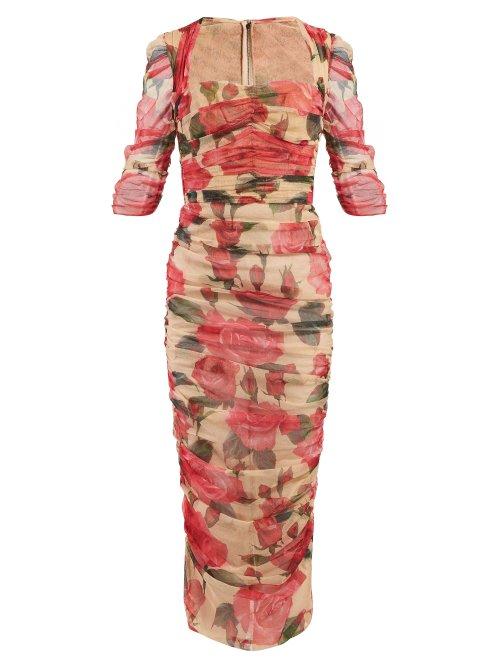 Matchesfashion.com Dolce & Gabbana - Rose Print Ruched Tulle Midi Dress - Womens - White Multi