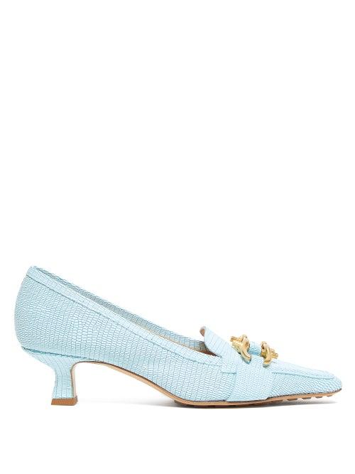 Matchesfashion.com Bottega Veneta - Kitten Heel Lizard Effect Leather Loafers - Womens - Light Blue