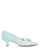 Matchesfashion.com Bottega Veneta - Kitten Heel Lizard Effect Leather Loafers - Womens - Light Blue