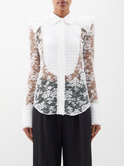 Balmain - Tweed And Lace Plastron Cotton-blend Shirt - Womens - White