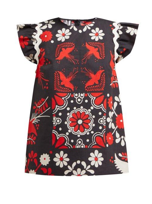 Matchesfashion.com Redvalentino - Floral Print Ruffle Cotton Top - Womens - Black Multi
