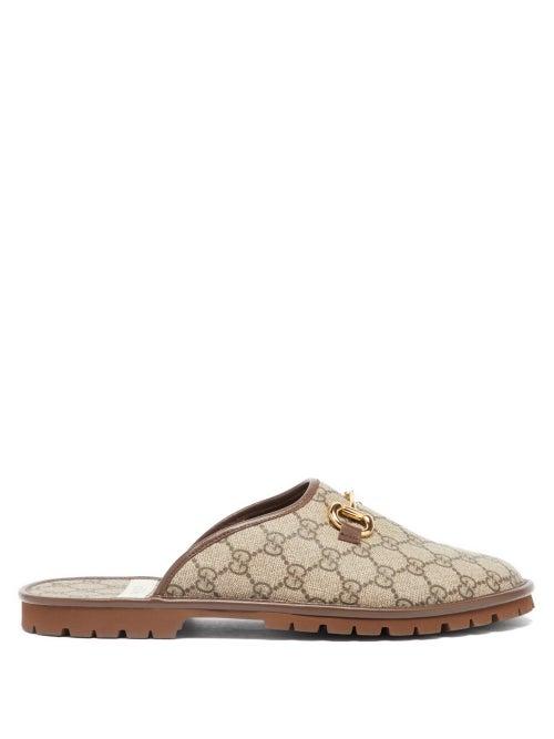 Mens Shoes Gucci - Horsebit Gg-canvas Backless Loafers - Mens - Brown Multi
