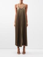 Brunello Cucinelli - Monoli-embellished Racerback Pleated Satin Dress - Womens - Olive Green