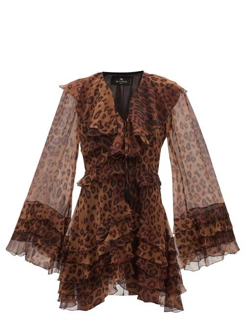 Ladies Rtw Etro - Palm Springs Ruffled Leopard-print Silk Dress - Womens - Brown Print