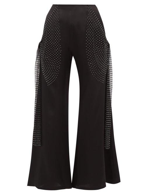 Matchesfashion.com Romance Was Born - Crystal Net Trim Silk Charmeuse Flared Trousers - Womens - Black