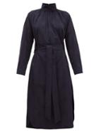 Matchesfashion.com Tibi - Spot-jacquard Belted Faille Dress - Womens - Navy
