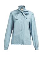 Matchesfashion.com Gucci - Ruffled Pussy Bow Crinkled Cotton Poplin Shirt - Womens - Blue