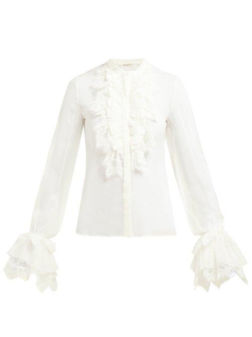 Matchesfashion.com Saint Laurent - Ruffled Trim Chiffon Blouse - Womens - Ivory