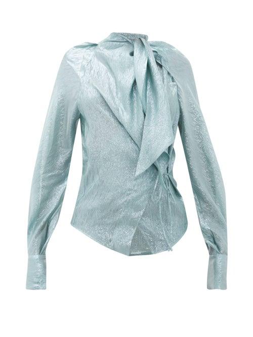 Matchesfashion.com Petar Petrov - Betsey Tie Neck Silk Blend Lam Blouse - Womens - Blue