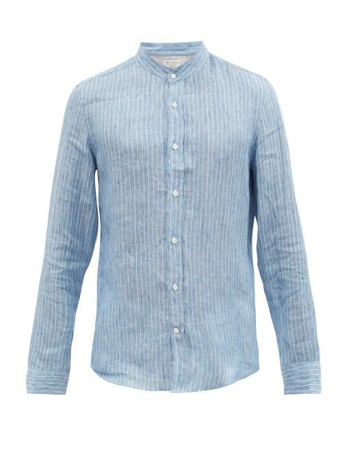 Matchesfashion.com Brunello Cucinelli - Striped Stand-collar Linen-blend Shirt - Mens - Light Blue