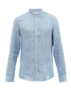 Matchesfashion.com Brunello Cucinelli - Striped Stand-collar Linen-blend Shirt - Mens - Light Blue
